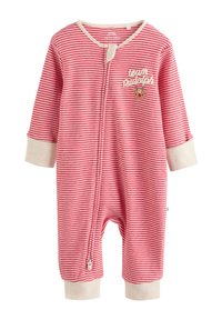 Combinaison à rayures rouges et blanches avec manches longues, poignets crème et fermeture éclair frontale. Arborant le texte "team Rudolph" et une application de renne.