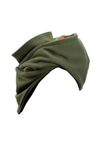 Olive green stretch fabric headband with a twisted design, featuring an adjustable fit and a small red logo tag on one side.