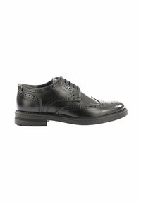 Scarpa da uomo in pelle nera con dettagli brogue, finitura liscia, punta arrotondata, design con lacci e tacco basso in gomma.