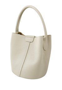 Sac à main en cuir beige clair avec une surface texturée, une poignée ronde et un design minimaliste mettant en avant un détail de couture subtil à l'avant.