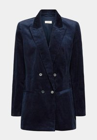 Blazer croisé en velours côtelé bleu marine avec revers à crans et deux poches avant.