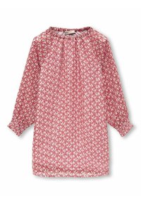 Blouse à manches longues rouge et blanche à motifs, avec col froncé et poignets élastiques, fabriquée en tissu léger.