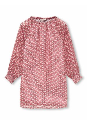 Rode en witte blouse met lange mouwen, voorzien van een geplooide halslijn en elastische manchetten, gemaakt van lichte stof.