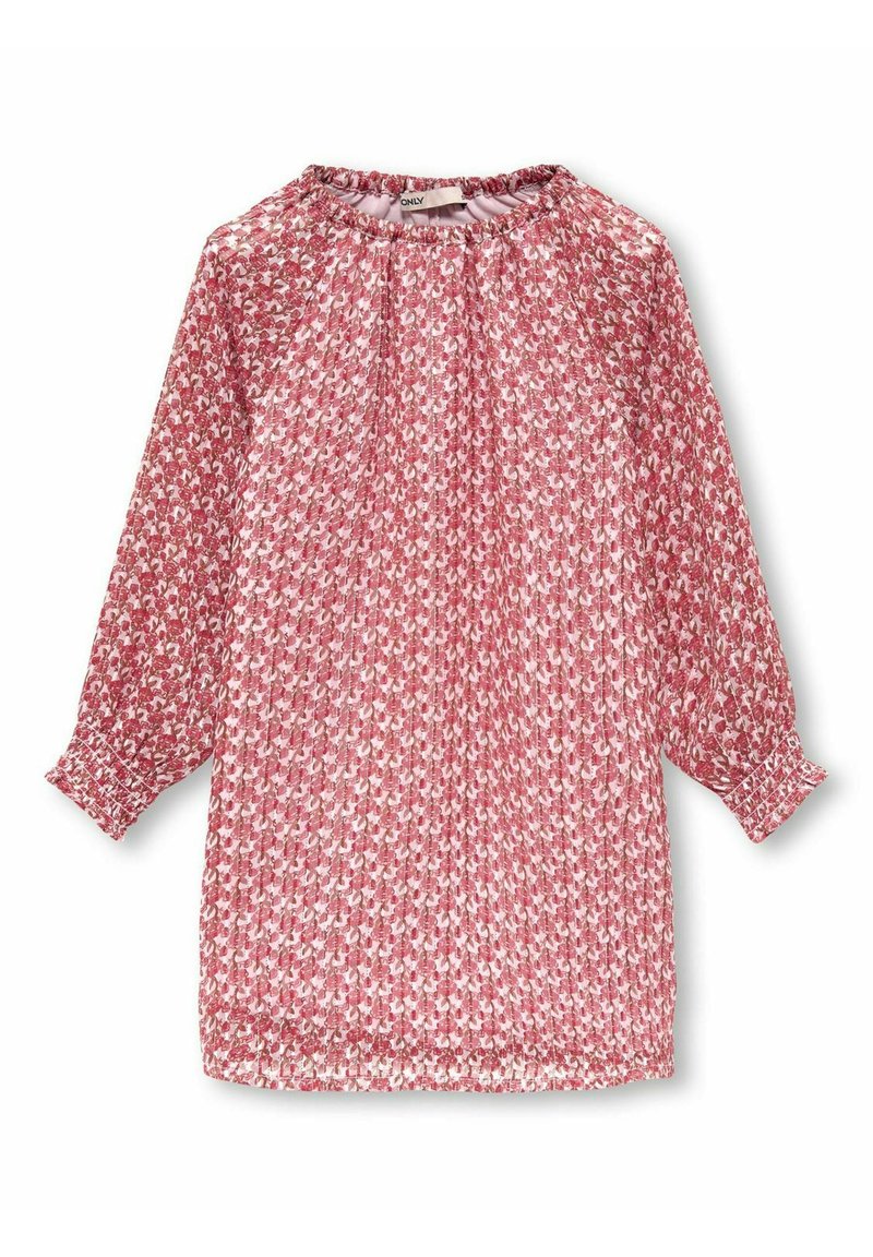 Blouse à manches longues rouge et blanche à motifs, avec col froncé et poignets élastiques, fabriquée en tissu léger.