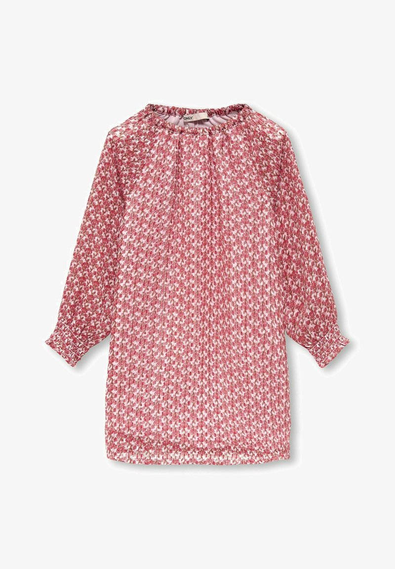 Blouse à manches longues rouge et blanche à motifs, avec col froncé et poignets élastiques, fabriquée en tissu léger.