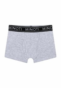 Sive pamukaste bokserice s crnim pojasom na kojem je logo "MINOTI". Glatka tekstura, klasičan kroj s prednjim otvaranjem.