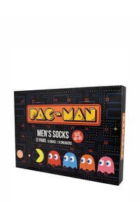 Scatola di calzini da uomo Pac-Man con sfondo nero, design a labirinto, lettering arancione e illustrazioni di personaggi in blu, rosso e rosa.