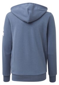 Felpa con cappuccio blu a maniche lunghe, con polsini e bordo a coste, vista da dietro senza loghi o motivi visibili.