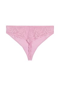 Lace-trimmed pink thong with floral pattern at the front, smooth back, and delicate scalloped edges along the waistband and legs.