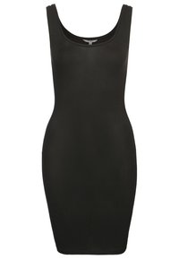 Melna pieguļojoša kleita ar apaļu dekoltē, izgatavota no gludas, elastīgas auduma. Tai ir ceļa garuma siluets un bez piedurknēm.