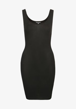 Zwart, aansluitend jurkje met een ronde hals, gemaakt van glad, rekbaar materiaal. Heeft een knielange silhoeet en is mouwloos.