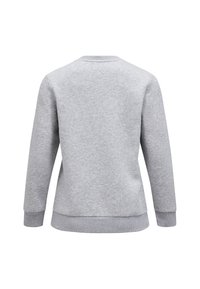 Felpa grigia con collo tondo, maniche lunghe, polsini e vita a coste. Texture morbida con finitura liscia, senza motivi visibili.