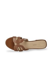 Brown leather slide sandal with multiple overlapping straps, open toe, and flat sole. Interior features a beige insole with logo detail.