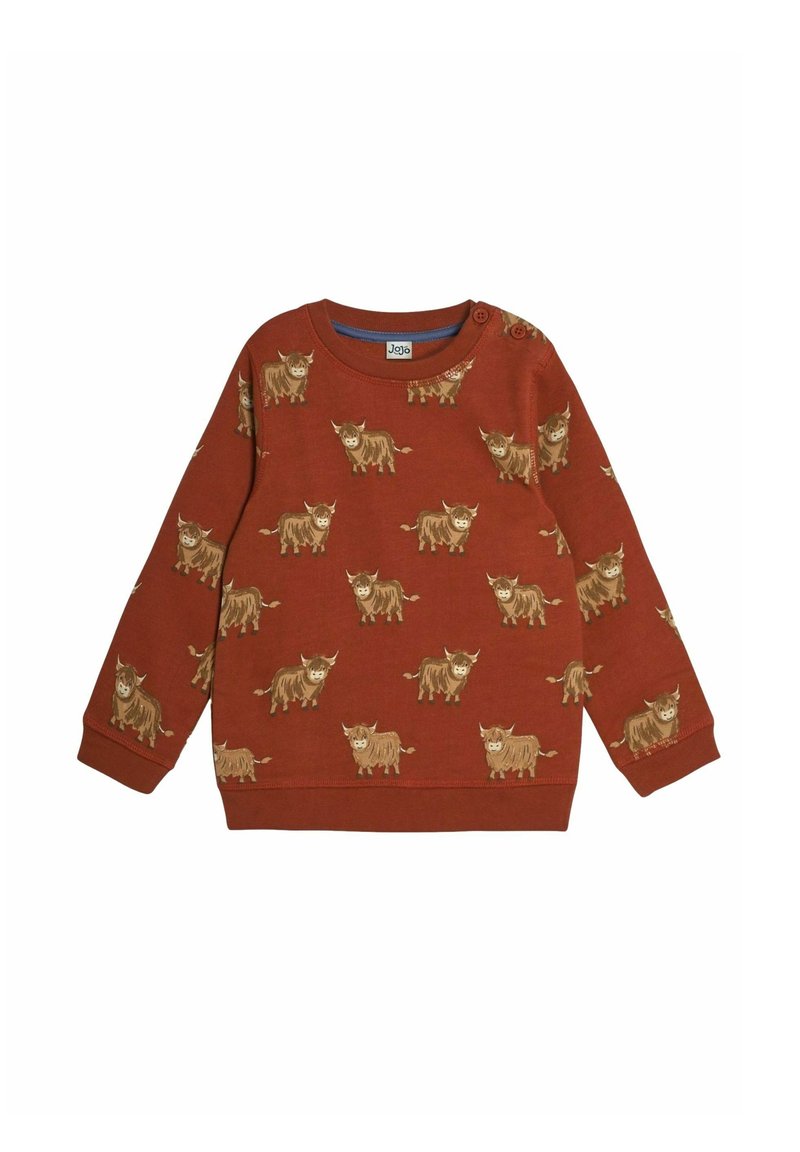 Roter Sweatshirt mit wiederholtem Muster von braunen Rindern. Gerippte Bündchen und Halsausschnitt sowie Druckknöpfe an den Schultern für ein einfaches An- und Ausziehen.