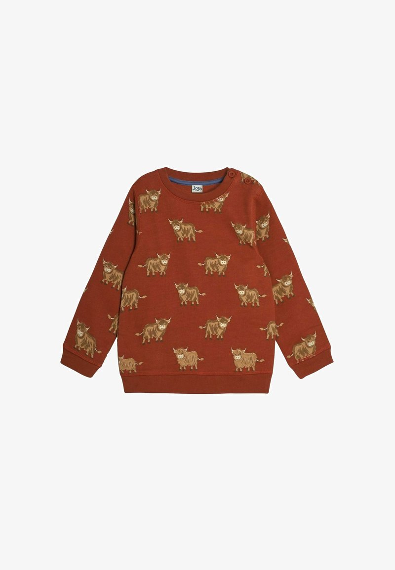 Roter Sweatshirt mit wiederholtem Muster von braunen Rindern. Gerippte Bündchen und Halsausschnitt sowie Druckknöpfe an den Schultern für ein einfaches An- und Ausziehen.