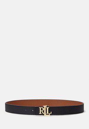 Ceinture en cuir noir texturé avec une boucle logo "RLL" dorée et une doublure intérieure marron, présentée à plat sur fond blanc.