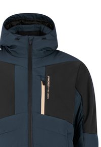 Donkerblauwe en zwarte hooded jack met een ritssluiting, voorzien van een voorzak en een logodetail. Gemaakt van waterdicht materiaal.