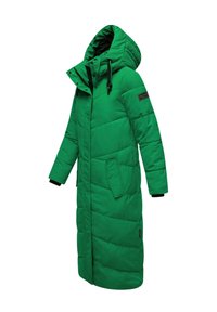 Vihreä pehmeä parka takki huppulla, jossa on vinoneliökuviointi, sivutaskut ja mustat yksityiskohdat. Valmistettu pehmeästä, tekstuurista kankaasta.