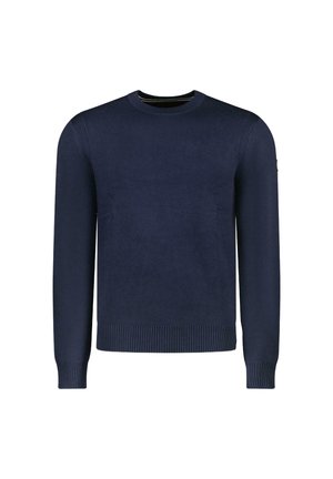 Marineblauwe trui van gladde stof, met ribbels aan de mouwen en onderkant, ronde halsontwerp zonder zichtbare logo's of versieringen.