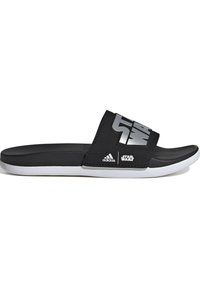 Black slide sandal with a textured strap featuring a silver "Star Wars" logo, set on a white sole with an Adidas logo.