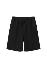 Zwarte katoenen shorts met een elastische tailleband en verstelbaar trekkoord. Voorzien van zijzakken en een rechte snit. Glad, lichtgewicht stof.