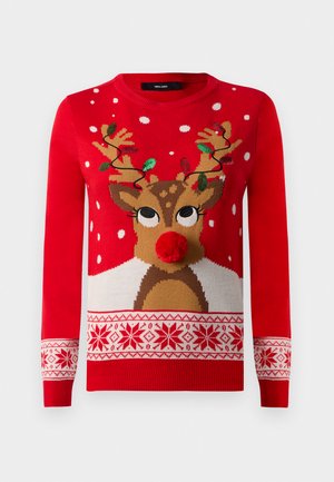Piros karácsonyi pulóver rénszarvas arccal, pom-pom orral, zöld és piros fényekkel díszített szarvakkal, és fehér hópehely mintákkal.