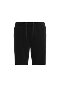 Zwarte sweatshorts van zachte stof; heeft een elastische tailleband met trekkoord en een gladde, egale textuur.