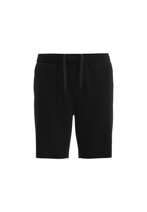Black sweat shorts made of soft fabric; features an elastic waistband with drawstring and a smooth, plain texture.