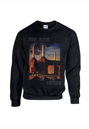 Czarny sweter z dużą grafiką Elektrowni Battersea, z pomarańczowymi kominami i świnią oraz napisem "Pink Floyd Animals."