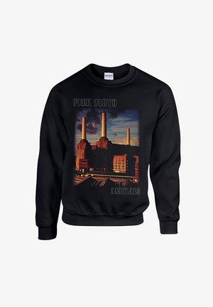 Czarny sweter z dużą grafiką Elektrowni Battersea, z pomarańczowymi kominami i świnią oraz napisem "Pink Floyd Animals."