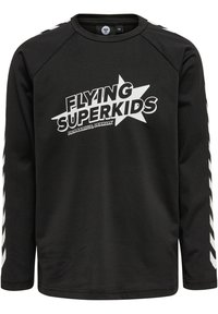 Zwart langemouwen shirt met witte "FLYING SUPERKIDS" grafische opdruk en sterontwerp. Voorzien van witte strepen langs de mouwen, gemaakt van een glad materiaal.