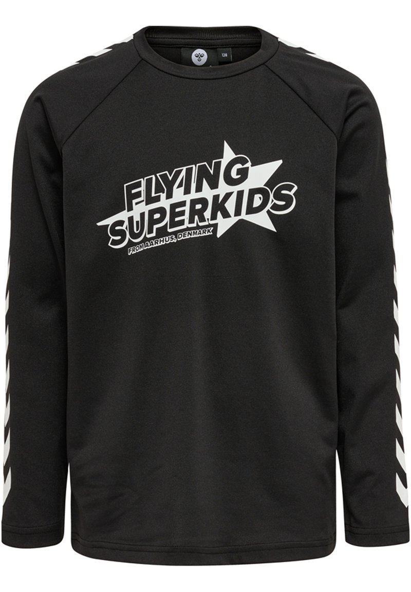 Zwart langemouwen shirt met witte "FLYING SUPERKIDS" grafische opdruk en sterontwerp. Voorzien van witte strepen langs de mouwen, gemaakt van een glad materiaal.