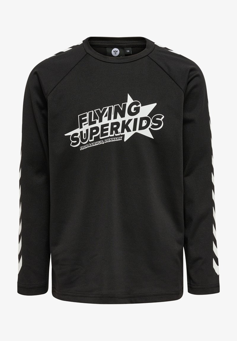 Sort langærmet skjorte med hvid "FLYING SUPERKIDS" grafik og stjernedesign. Har hvide striber langs ærmerne og er lavet af et glat materiale.