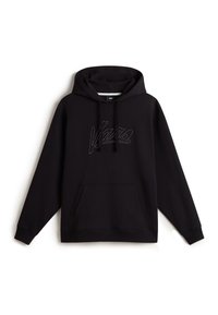 Black hoodie crafted from soft fabric, featuring a kangaroo pocket, drawstring hood, and a contrasting embroidered logo on the front.