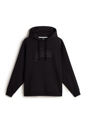 Black hoodie crafted from soft fabric, featuring a kangaroo pocket, drawstring hood, and a contrasting embroidered logo on the front.