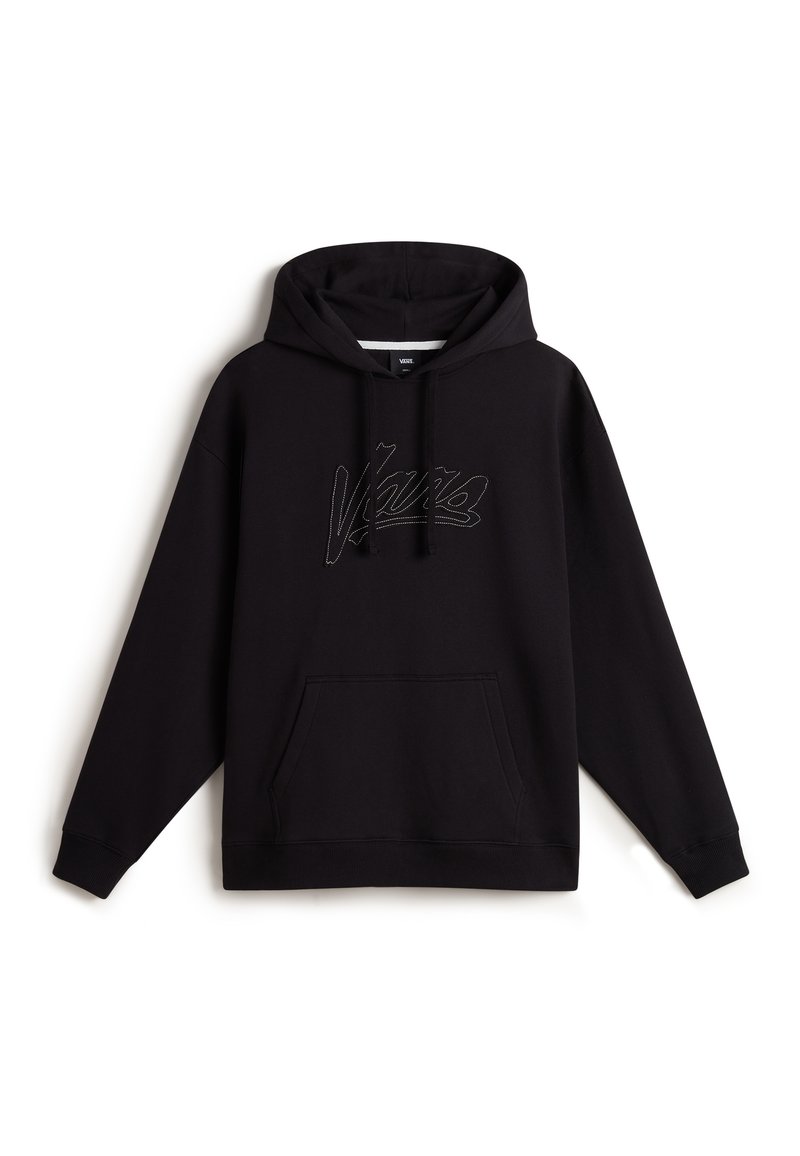 Black hoodie crafted from soft fabric, featuring a kangaroo pocket, drawstring hood, and a contrasting embroidered logo on the front.