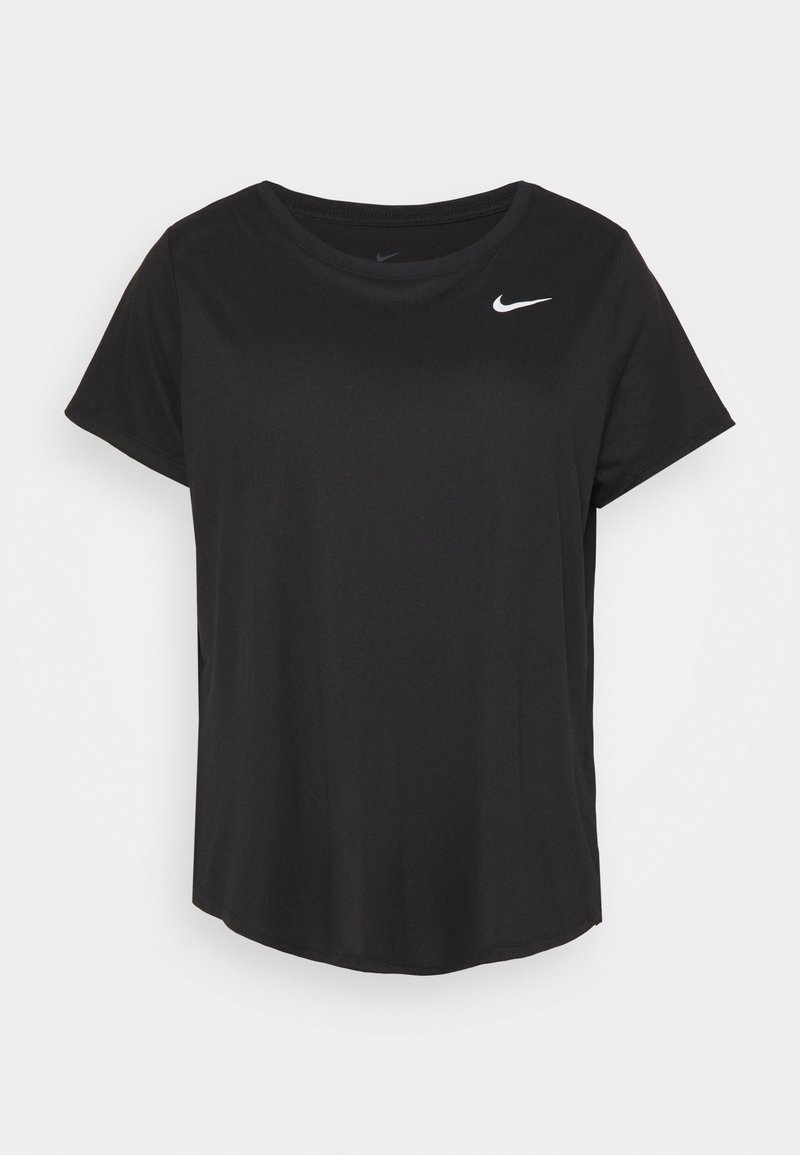 Camiseta negra de manga corta hecha de un tejido suave. Presenta un cuello redondo y un logo blanco de Nike en la parte superior izquierda del pecho.