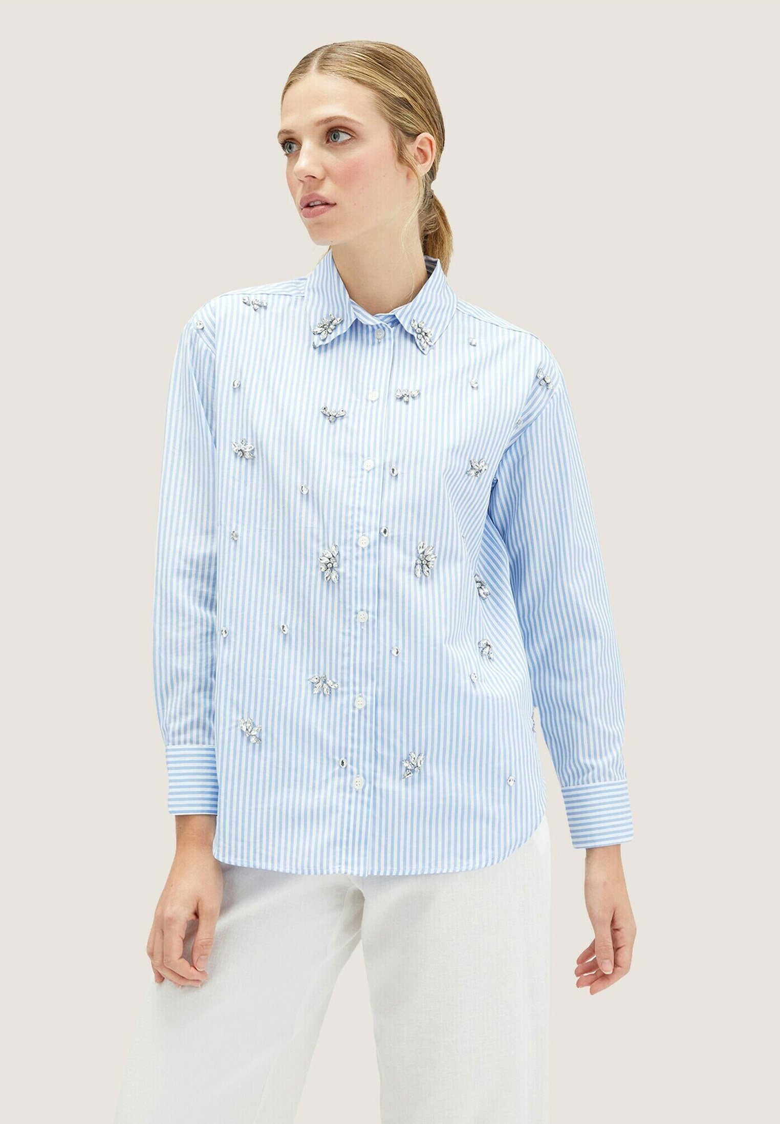 Camicetta Camicie A Righe Blu Donna Motivi A RIGHE OVER CON RICAMO
