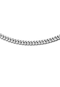 Collana in argento a catena, caratterizzata da anelli intrecciati con superficie liscia e finitura riflettente, adatta a diversi stili.
