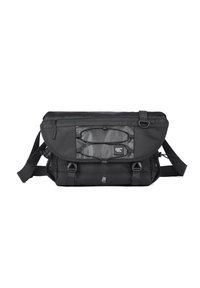 Borsa a tracolla nera realizzata in nylon resistente, con chiusura a patta, tracolla regolabile e tasca esterna in rete con cordoncino.