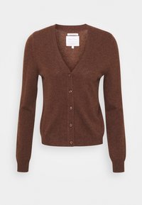 Cardigan marron à manches longues en matière douce, avec un col en V profond, des boutons à l'avant et des poignets côtelés. Design minimaliste avec une texture subtile.