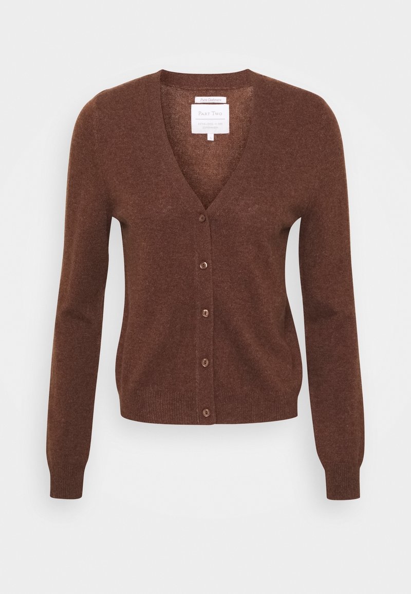Cardigan marron à manches longues en matière douce, avec un col en V profond, des boutons à l'avant et des poignets côtelés. Design minimaliste avec une texture subtile.