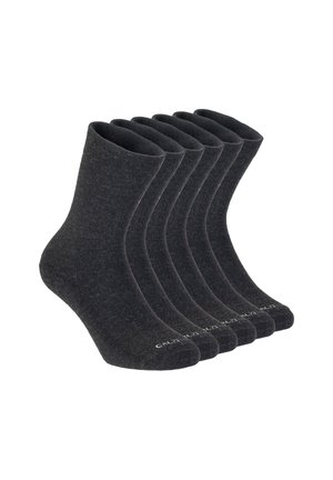 Six pairs of plain dark gray ankle socks neatly aligned side by side on a white background.