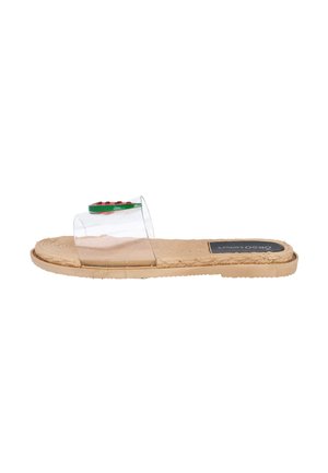 Sandalia plana con suela beige, tira de plástico transparente y una rodaja decorativa de sandía encima de la tira.