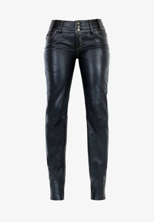 Sorte læderbukser i slim fit med synlige syninger og tre knaplukninger. Glat tekstur med lynlåsdetaljer ved anklerne.