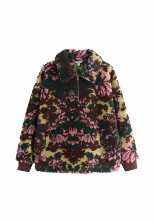 Pulover din fleece cu model floral verde, maro și roz, guler înalt, închidere cu fermoar și manșete din rib. Textură moale și croială lejeră.