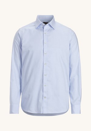 Blau-weiße gestreifte Hemd aus leichtem Stoff, mit einem Button-Down-Kragen und einem geraden Schnitt sowie langen Ärmeln.