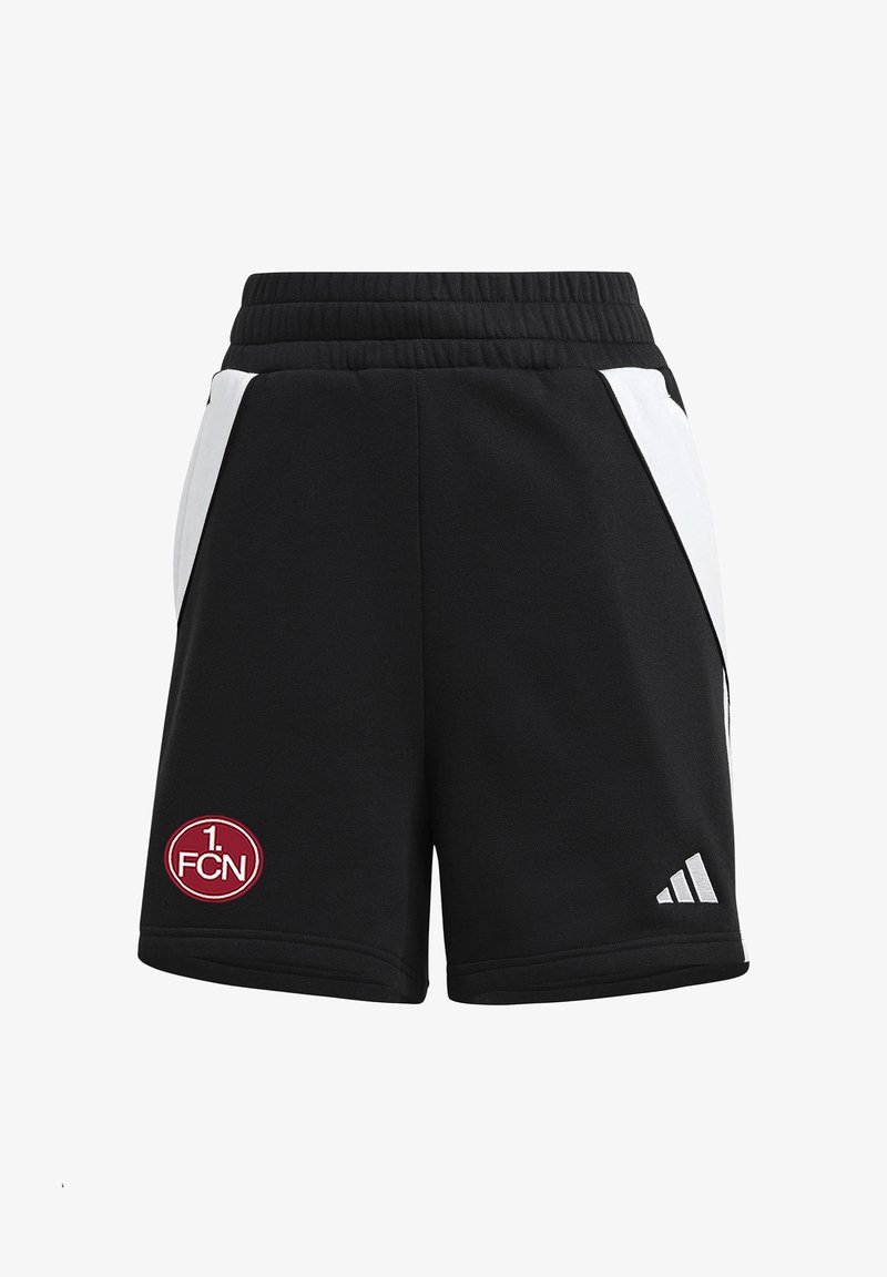 Pantaloncini sportivi neri con pannelli laterali bianchi, vita elastica, logo Adidas sulla gamba destra e stemma del club 1. FC Nürnberg sulla gamba sinistra.