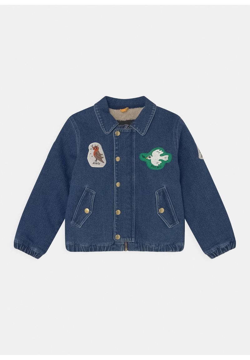 Jeansjacka i mörkblått med krage, prydd med två broderade lappar av en fågel och en duva. Inkluderar sidofickor och elastiska manschetter.