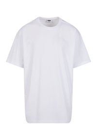White cotton t-shirt with a loose fit, short sleeves, and a round neckline. Simple design, no patterns or accents.